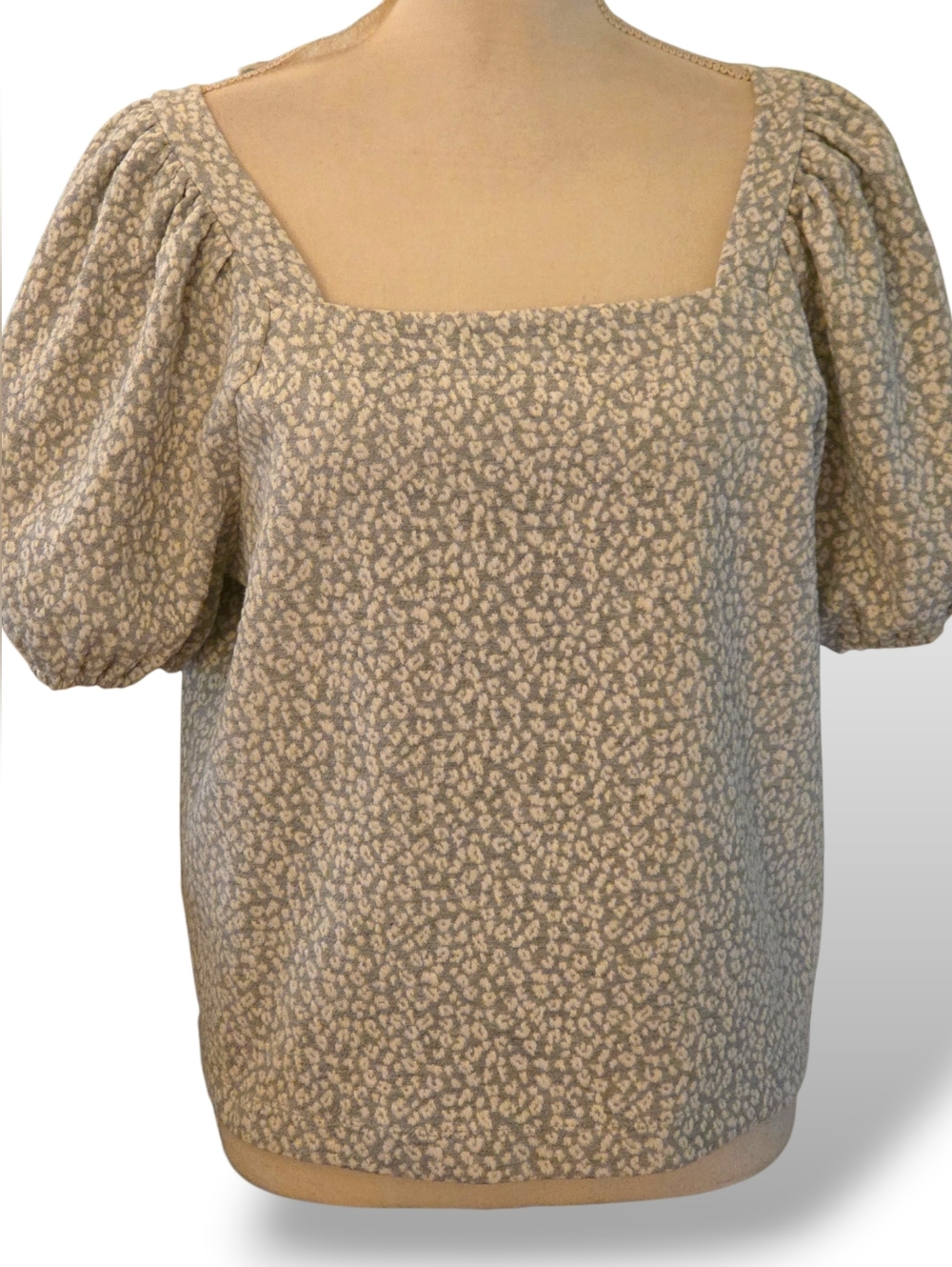 LOFT Square Neck Puff Sleeve Top in Grey Floral